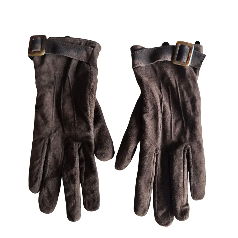 Vintage Brown Faux Suede Buckle Wrist Gloves‎ Size M/L Retro Classic Winter Chic